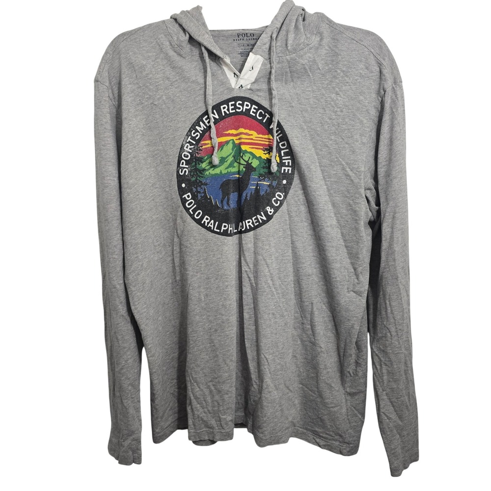 Polo Ralph Lauren Mens Sportsmen Respect Wildlife Gray Hoodie T-Shirt Size Large